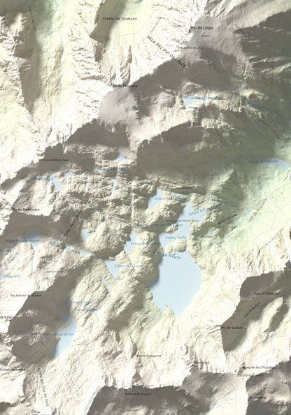 Mapa de relieve de Gran Encantat, 2749 m, Pallars Sobirà, lámina 100 Cims de Trobart. Detalle de la zona inferior derecha. 70 × 100 cm.