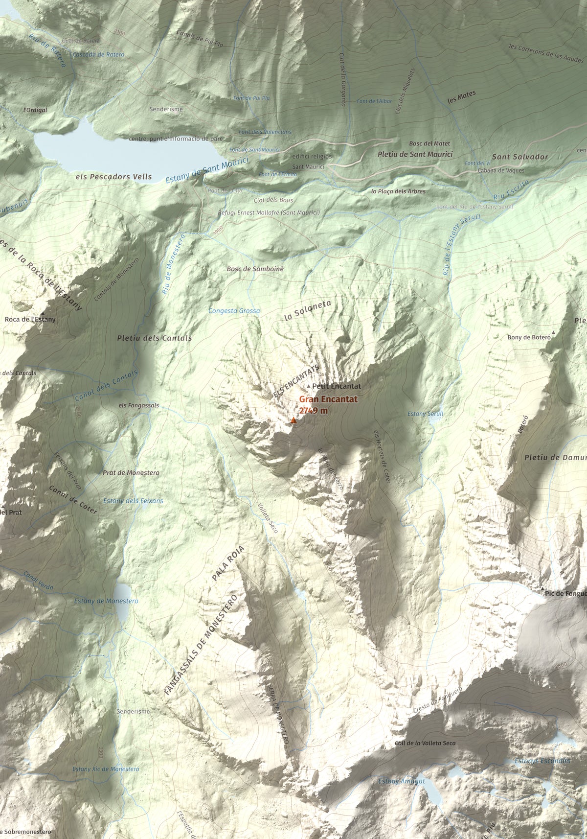 Mapa de relieve de Gran Encantat, 2749 m, Pallars Sobirà, lámina 100 Cims de Trobart. Detalle de la zona central. 70 × 100 cm.