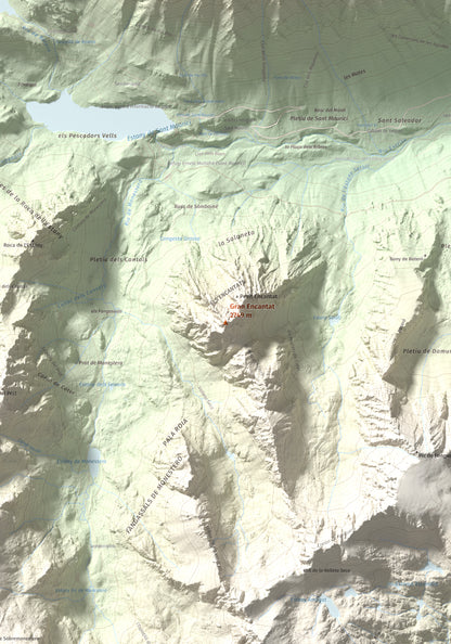 Mapa de relieve de Gran Encantat, 2749 m, Pallars Sobirà, lámina 100 Cims de Trobart. Detalle de la zona central. 70 × 100 cm.