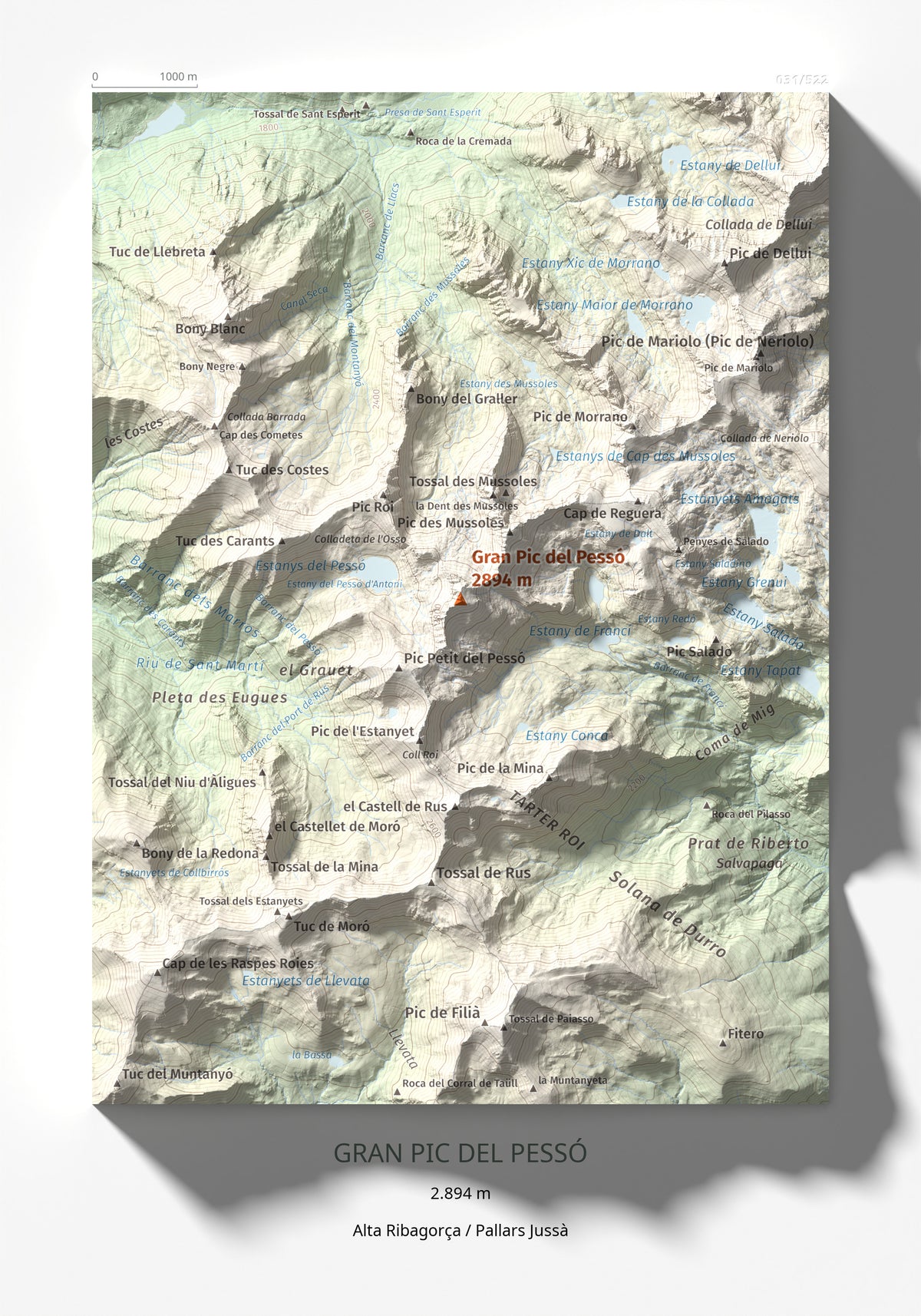 Mapa de relieve de Gran Pic del Pessó, 2894 m, Alta Ribagorça · Pallars Jussà, lámina 100 Cims de Trobart 21 × 30 cm.