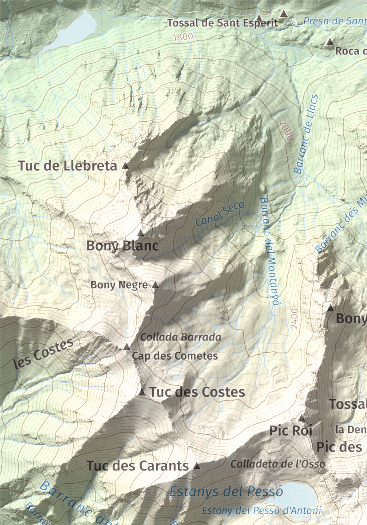 Mapa de relieve de Gran Pic del Pessó, 2894 m, Alta Ribagorça · Pallars Jussà, lámina 100 Cims de Trobart. Detalle de la zona superior izquierda. 21 × 30 cm.