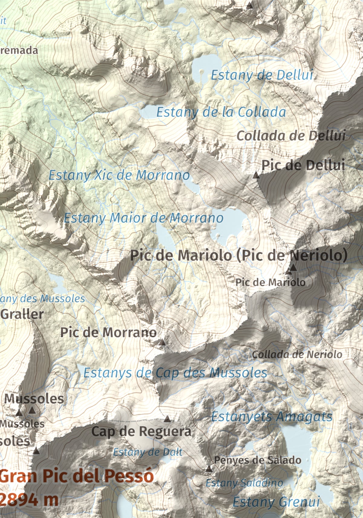 Mapa de relieve de Gran Pic del Pessó, 2894 m, Alta Ribagorça · Pallars Jussà, lámina 100 Cims de Trobart. Detalle de la zona superior derecha. 21 × 30 cm.