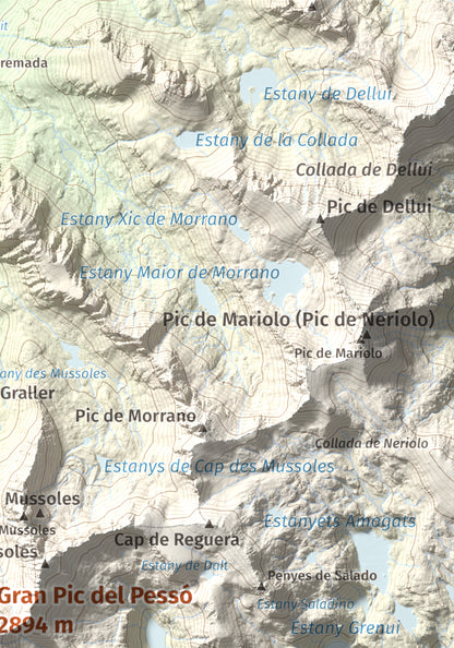 Mapa de relieve de Gran Pic del Pessó, 2894 m, Alta Ribagorça · Pallars Jussà, lámina 100 Cims de Trobart. Detalle de la zona superior derecha. 21 × 30 cm.