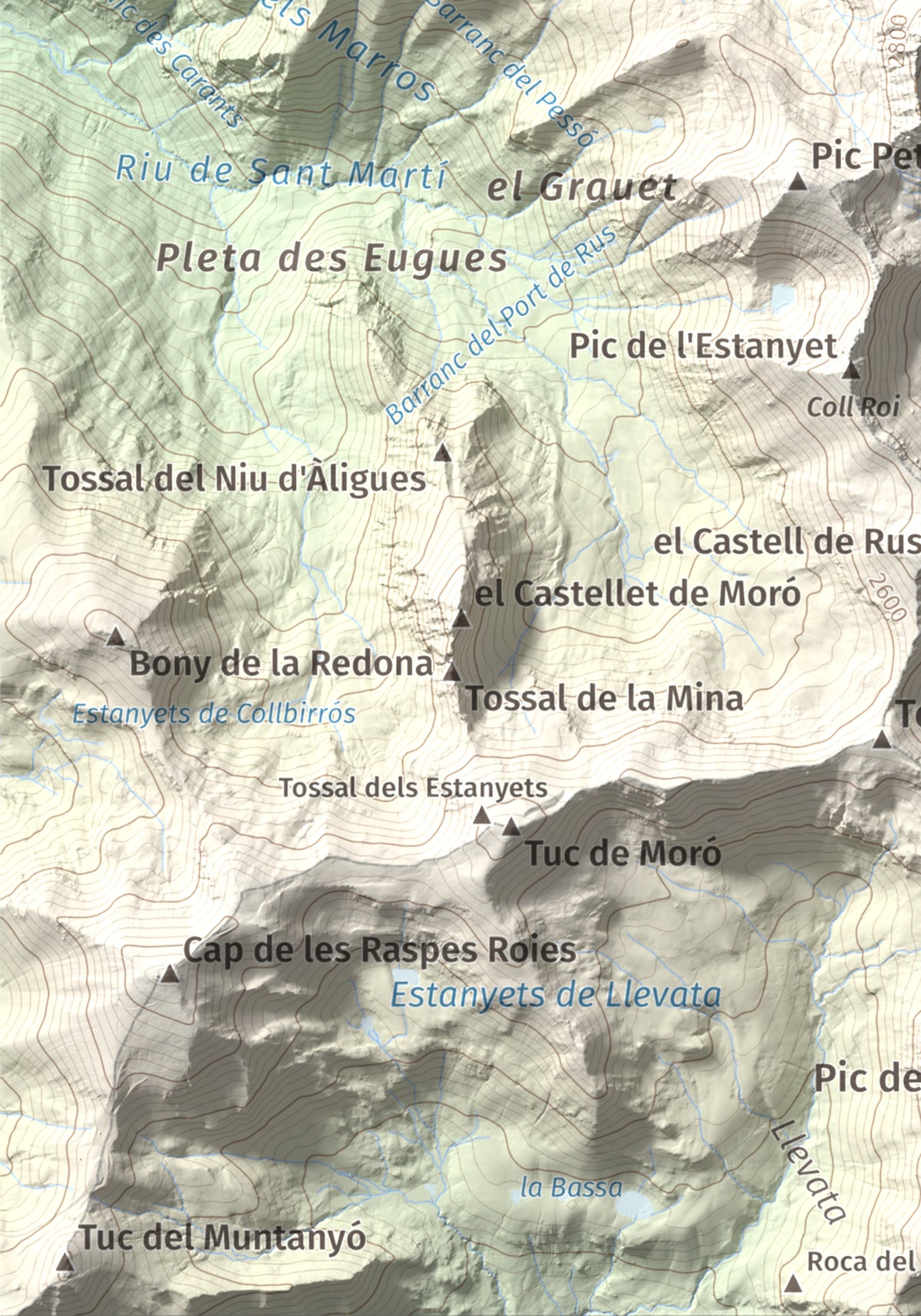 Mapa de relieve de Gran Pic del Pessó, 2894 m, Alta Ribagorça · Pallars Jussà, lámina 100 Cims de Trobart. Detalle de la zona inferior izquierda. 21 × 30 cm.