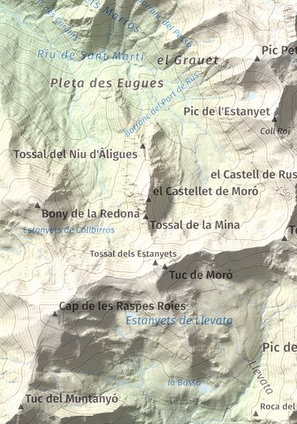 Mapa de relieve de Gran Pic del Pessó, 2894 m, Alta Ribagorça · Pallars Jussà, lámina 100 Cims de Trobart. Detalle de la zona inferior izquierda. 21 × 30 cm.