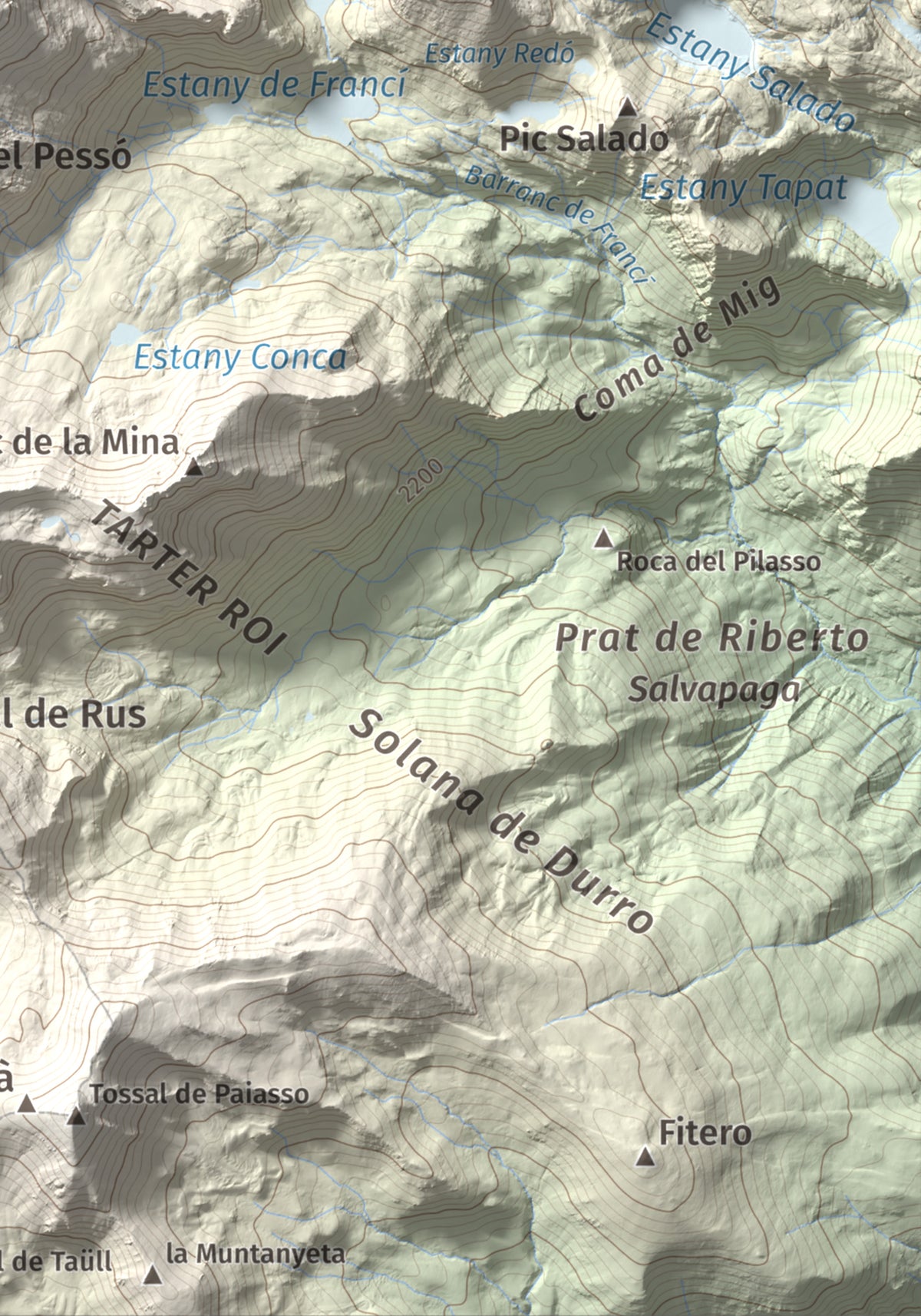 Mapa de relieve de Gran Pic del Pessó, 2894 m, Alta Ribagorça · Pallars Jussà, lámina 100 Cims de Trobart. Detalle de la zona inferior derecha. 21 × 30 cm.