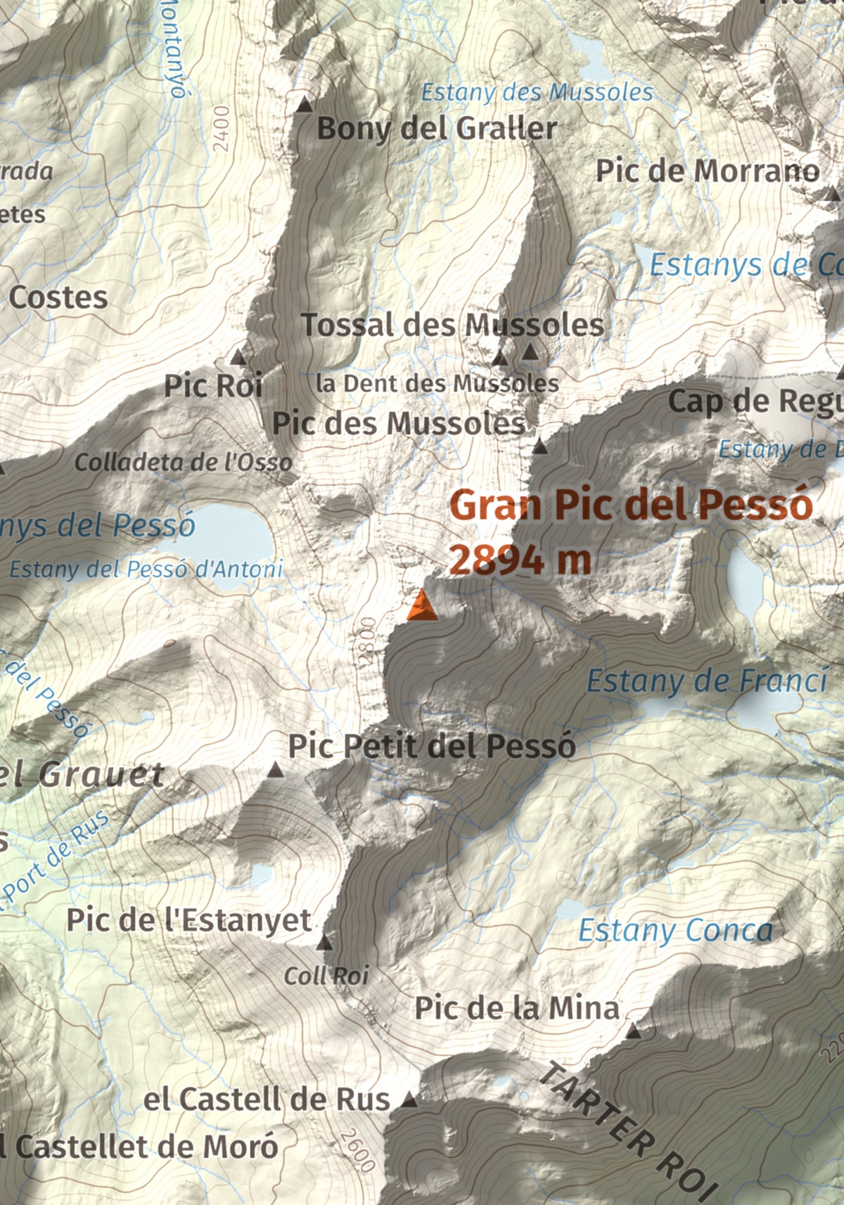 Mapa de relieve de Gran Pic del Pessó, 2894 m, Alta Ribagorça · Pallars Jussà, lámina 100 Cims de Trobart. Detalle de la zona central. 21 × 30 cm.