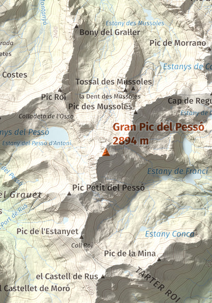 Mapa de relieve de Gran Pic del Pessó, 2894 m, Alta Ribagorça · Pallars Jussà, lámina 100 Cims de Trobart. Detalle de la zona central. 21 × 30 cm.