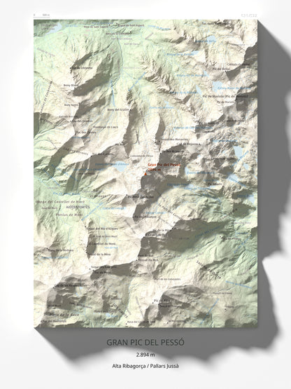 Mapa de relieve de Gran Pic del Pessó, 2894 m, Alta Ribagorça · Pallars Jussà, lámina 100 Cims de Trobart 30 × 40 cm.