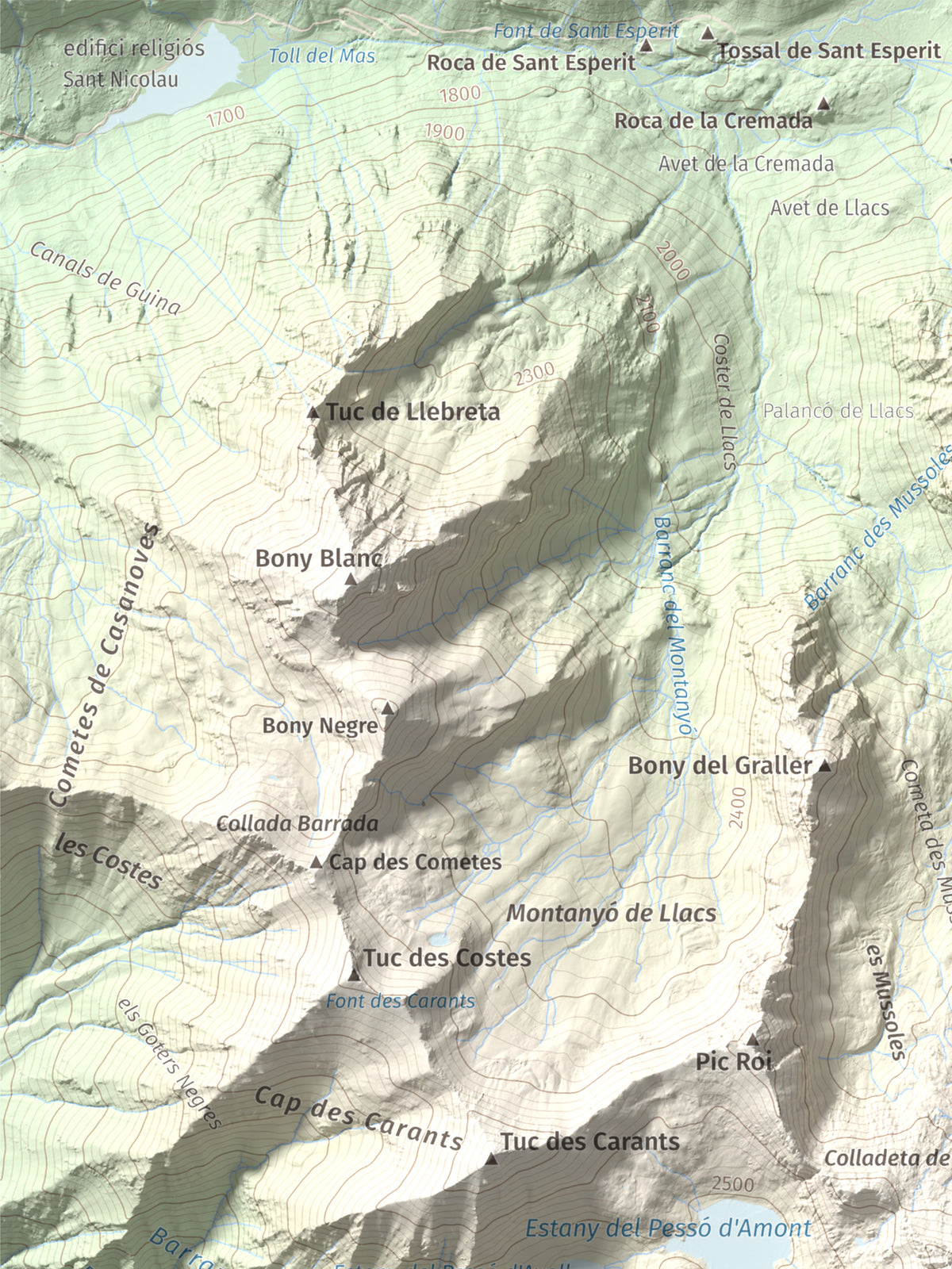 Mapa de relieve de Gran Pic del Pessó, 2894 m, Alta Ribagorça · Pallars Jussà, lámina 100 Cims de Trobart. Detalle de la zona superior izquierda. 30 × 40 cm.