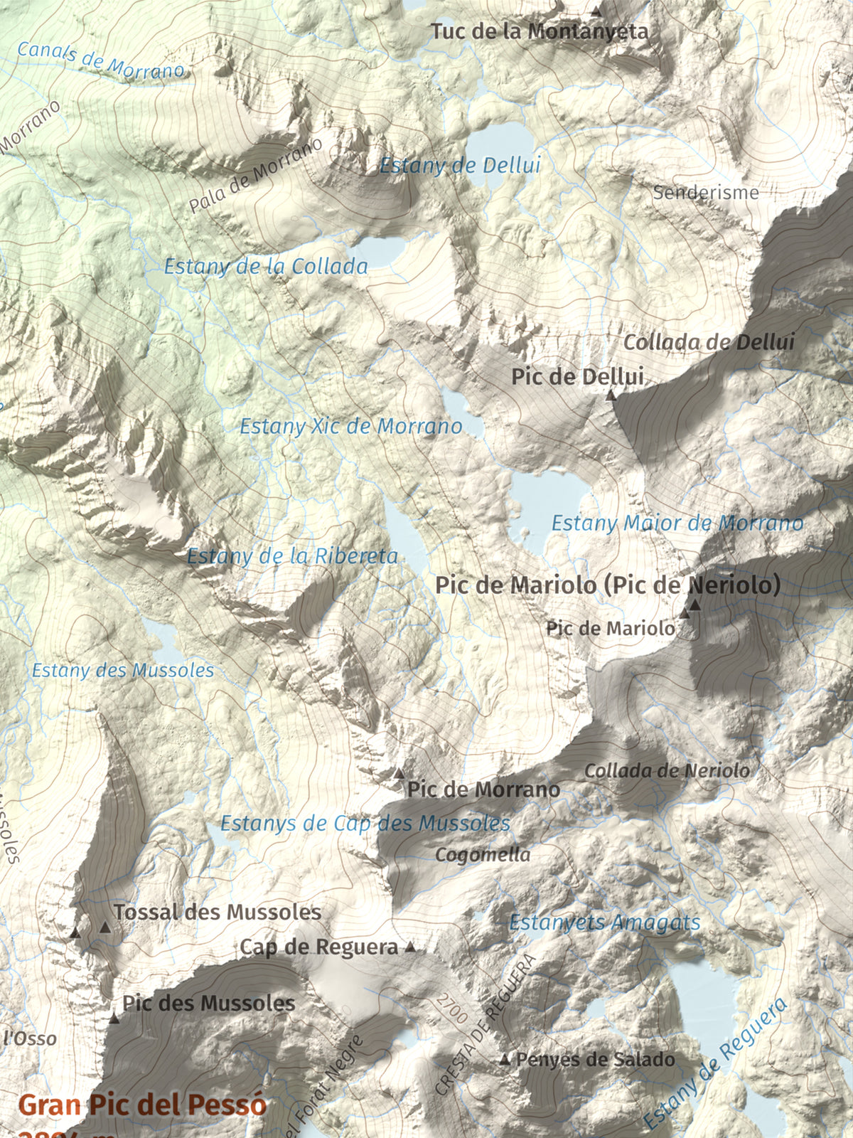 Mapa de relieve de Gran Pic del Pessó, 2894 m, Alta Ribagorça · Pallars Jussà, lámina 100 Cims de Trobart. Detalle de la zona superior derecha. 30 × 40 cm.