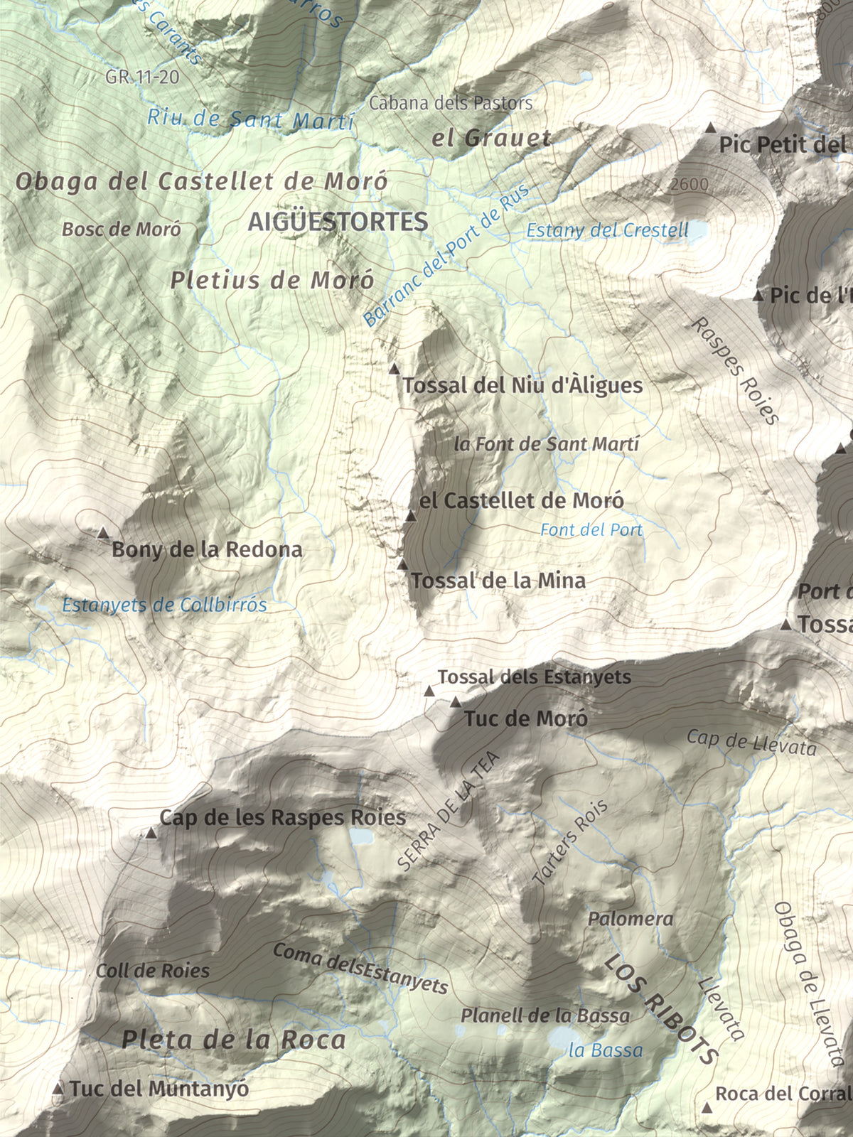 Mapa de relieve de Gran Pic del Pessó, 2894 m, Alta Ribagorça · Pallars Jussà, lámina 100 Cims de Trobart. Detalle de la zona inferior izquierda. 30 × 40 cm.
