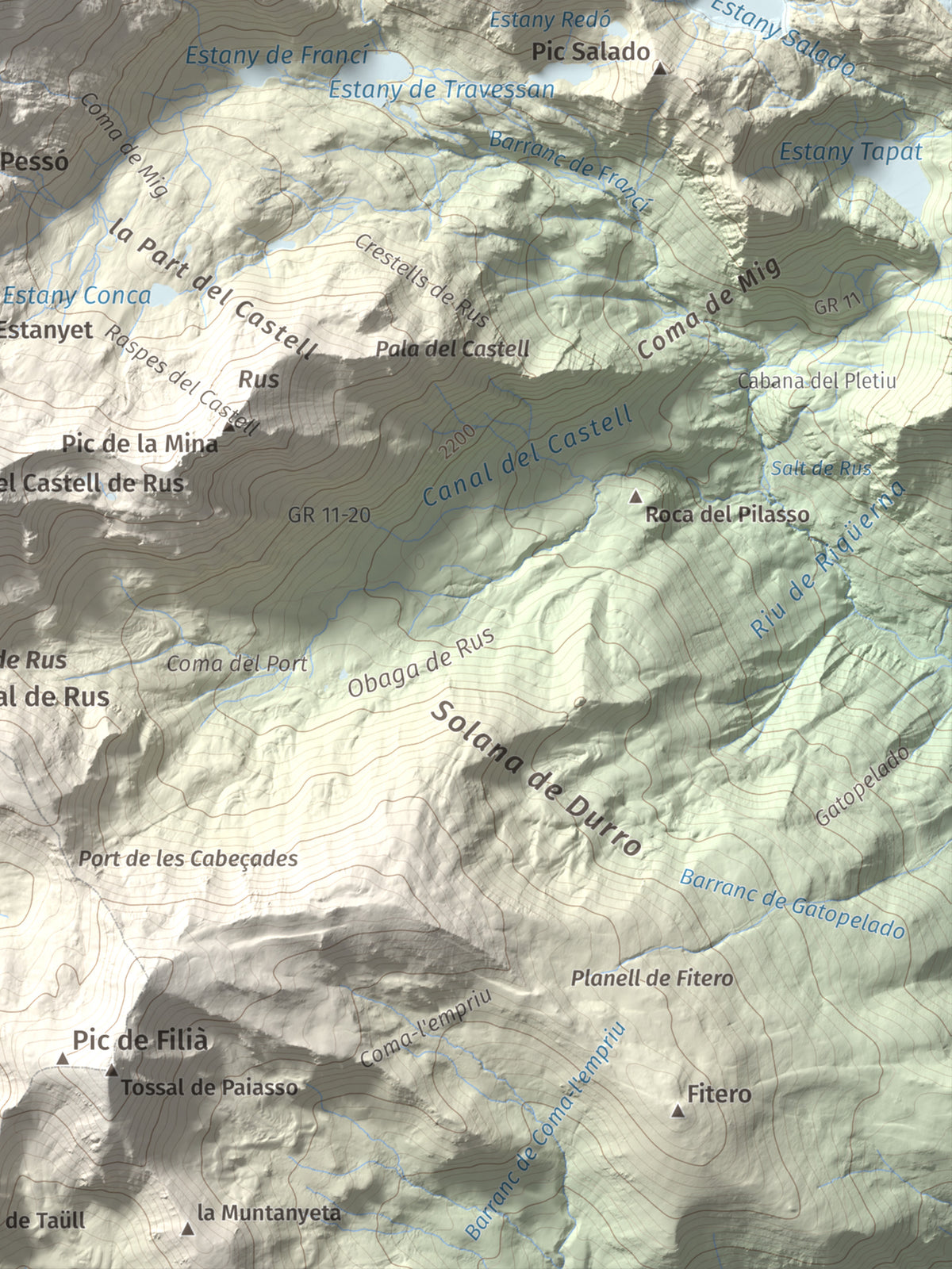 Mapa de relieve de Gran Pic del Pessó, 2894 m, Alta Ribagorça · Pallars Jussà, lámina 100 Cims de Trobart. Detalle de la zona inferior derecha. 30 × 40 cm.