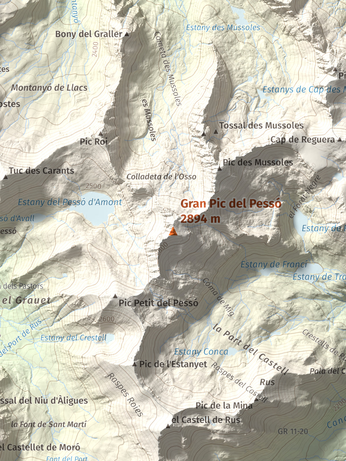 Mapa de relieve de Gran Pic del Pessó, 2894 m, Alta Ribagorça · Pallars Jussà, lámina 100 Cims de Trobart. Detalle de la zona central. 30 × 40 cm.