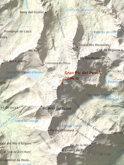 Mapa de relieve de Gran Pic del Pessó, 2894 m, Alta Ribagorça · Pallars Jussà, lámina 100 Cims de Trobart. Detalle de la zona central. 30 × 40 cm.