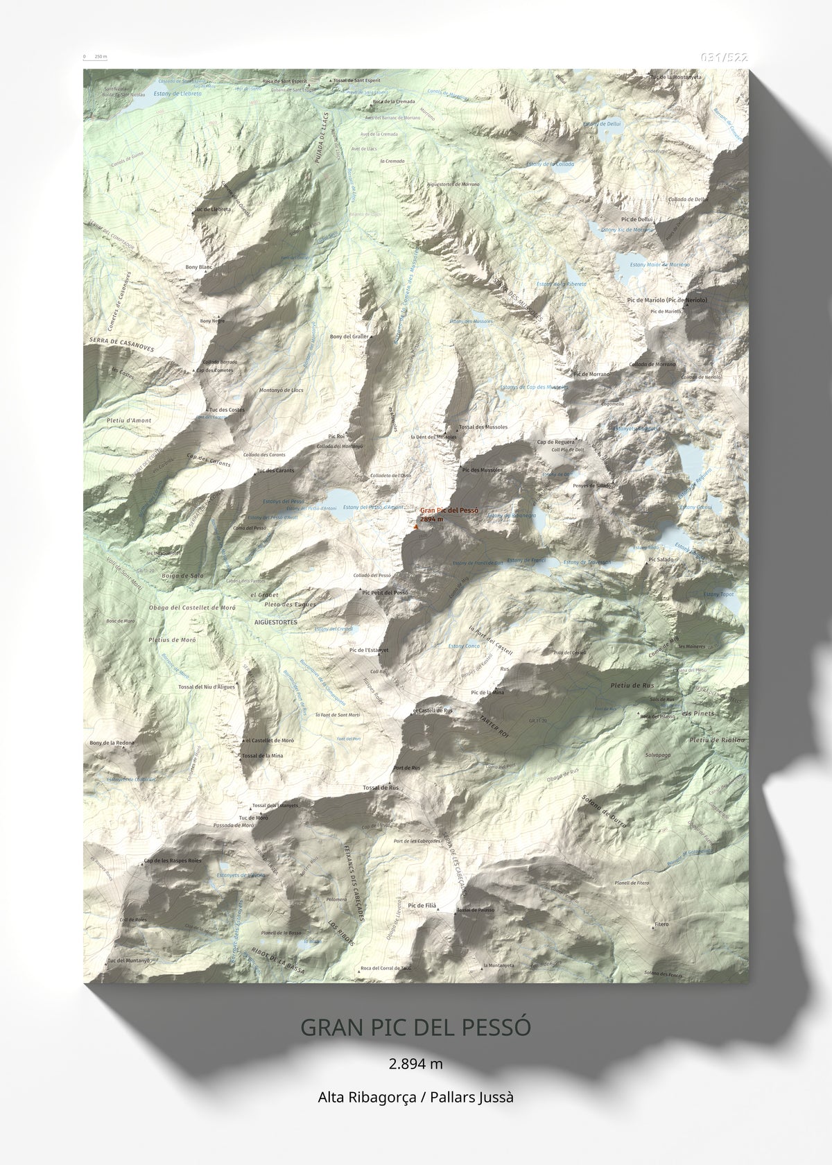 Mapa de relieve de Gran Pic del Pessó, 2894 m, Alta Ribagorça · Pallars Jussà, lámina 100 Cims de Trobart 50 × 70 cm.