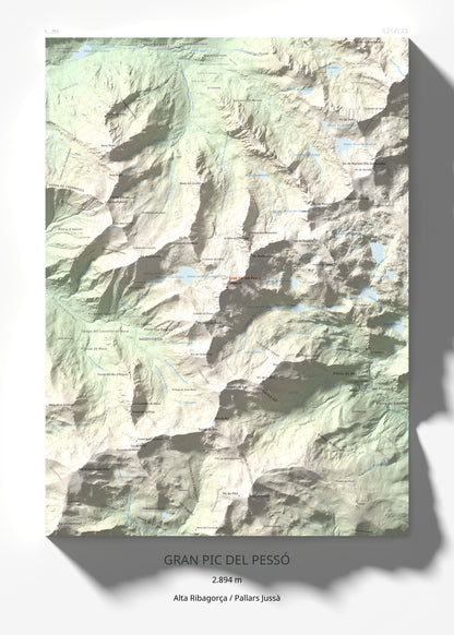 Mapa de relieve de Gran Pic del Pessó, 2894 m, Alta Ribagorça · Pallars Jussà, lámina 100 Cims de Trobart 50 × 70 cm.