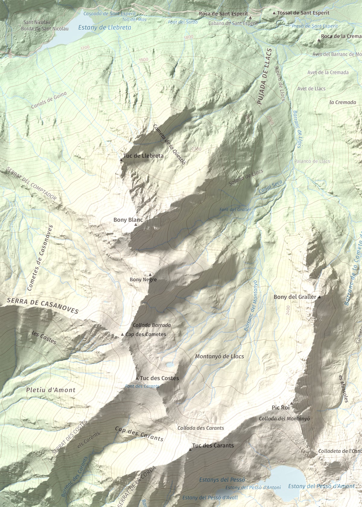 Mapa de relieve de Gran Pic del Pessó, 2894 m, Alta Ribagorça · Pallars Jussà, lámina 100 Cims de Trobart. Detalle de la zona superior izquierda. 50 × 70 cm.