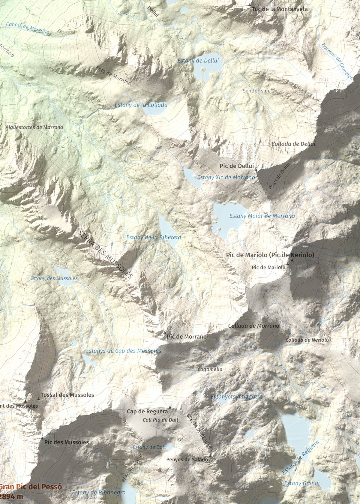 Mapa de relieve de Gran Pic del Pessó, 2894 m, Alta Ribagorça · Pallars Jussà, lámina 100 Cims de Trobart. Detalle de la zona superior derecha. 50 × 70 cm.