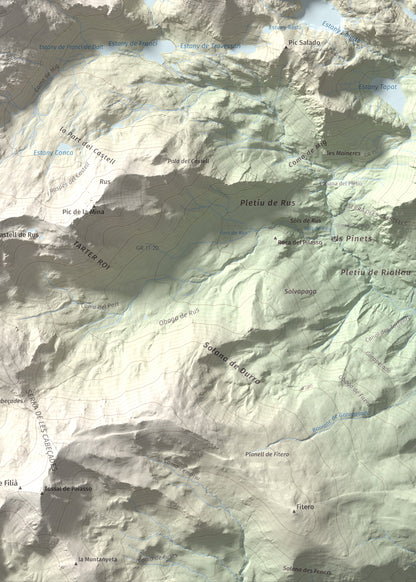 Mapa de relieve de Gran Pic del Pessó, 2894 m, Alta Ribagorça · Pallars Jussà, lámina 100 Cims de Trobart. Detalle de la zona inferior derecha. 50 × 70 cm.