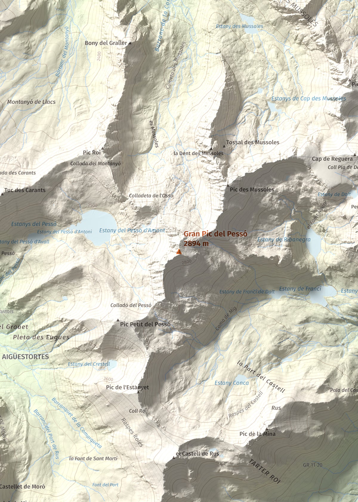 Mapa de relieve de Gran Pic del Pessó, 2894 m, Alta Ribagorça · Pallars Jussà, lámina 100 Cims de Trobart. Detalle de la zona central. 50 × 70 cm.
