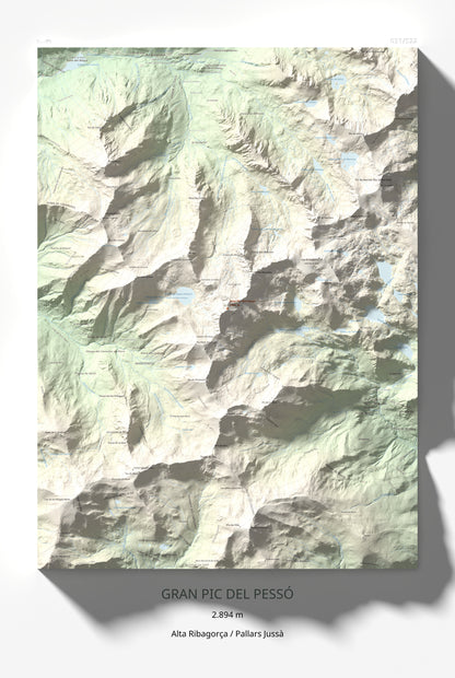 Mapa de relieve de Gran Pic del Pessó, 2894 m, Alta Ribagorça · Pallars Jussà, lámina 100 Cims de Trobart 61 × 91 cm.