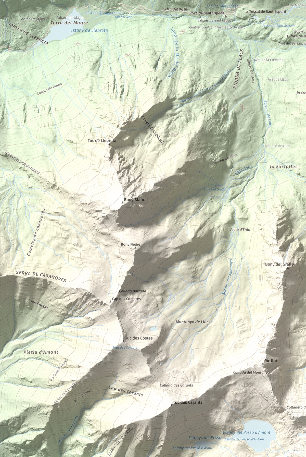 Mapa de relieve de Gran Pic del Pessó, 2894 m, Alta Ribagorça · Pallars Jussà, lámina 100 Cims de Trobart. Detalle de la zona superior izquierda. 61 × 91 cm.