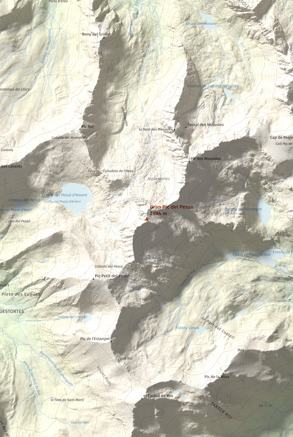 Mapa de relieve de Gran Pic del Pessó, 2894 m, Alta Ribagorça · Pallars Jussà, lámina 100 Cims de Trobart. Detalle de la zona central. 61 × 91 cm.