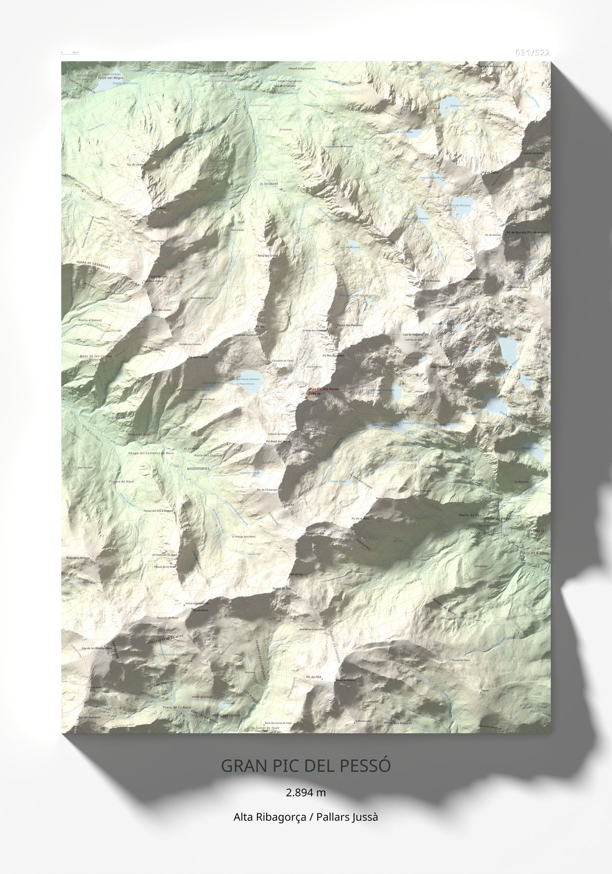 Mapa de relieve de Gran Pic del Pessó, 2894 m, Alta Ribagorça · Pallars Jussà, lámina 100 Cims de Trobart 70 × 100 cm.