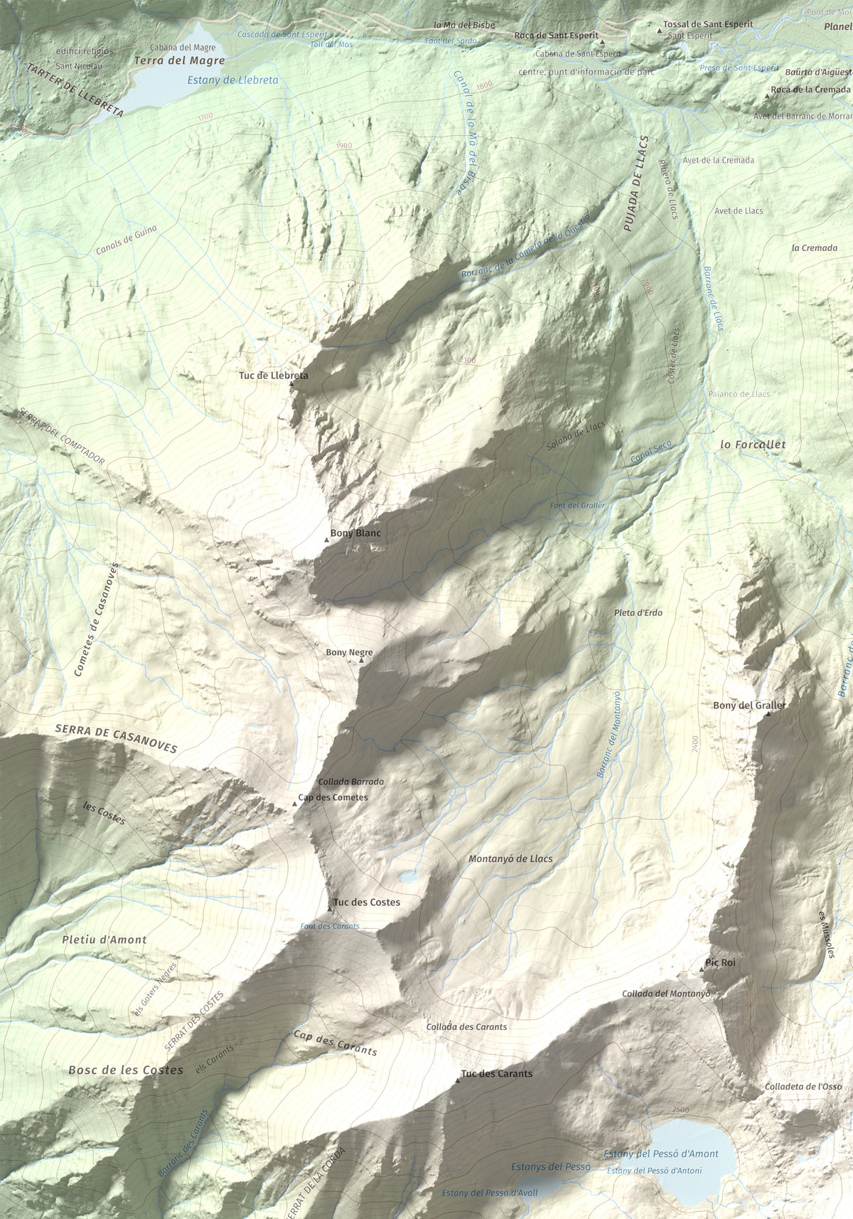 Mapa de relieve de Gran Pic del Pessó, 2894 m, Alta Ribagorça · Pallars Jussà, lámina 100 Cims de Trobart. Detalle de la zona superior izquierda. 70 × 100 cm.