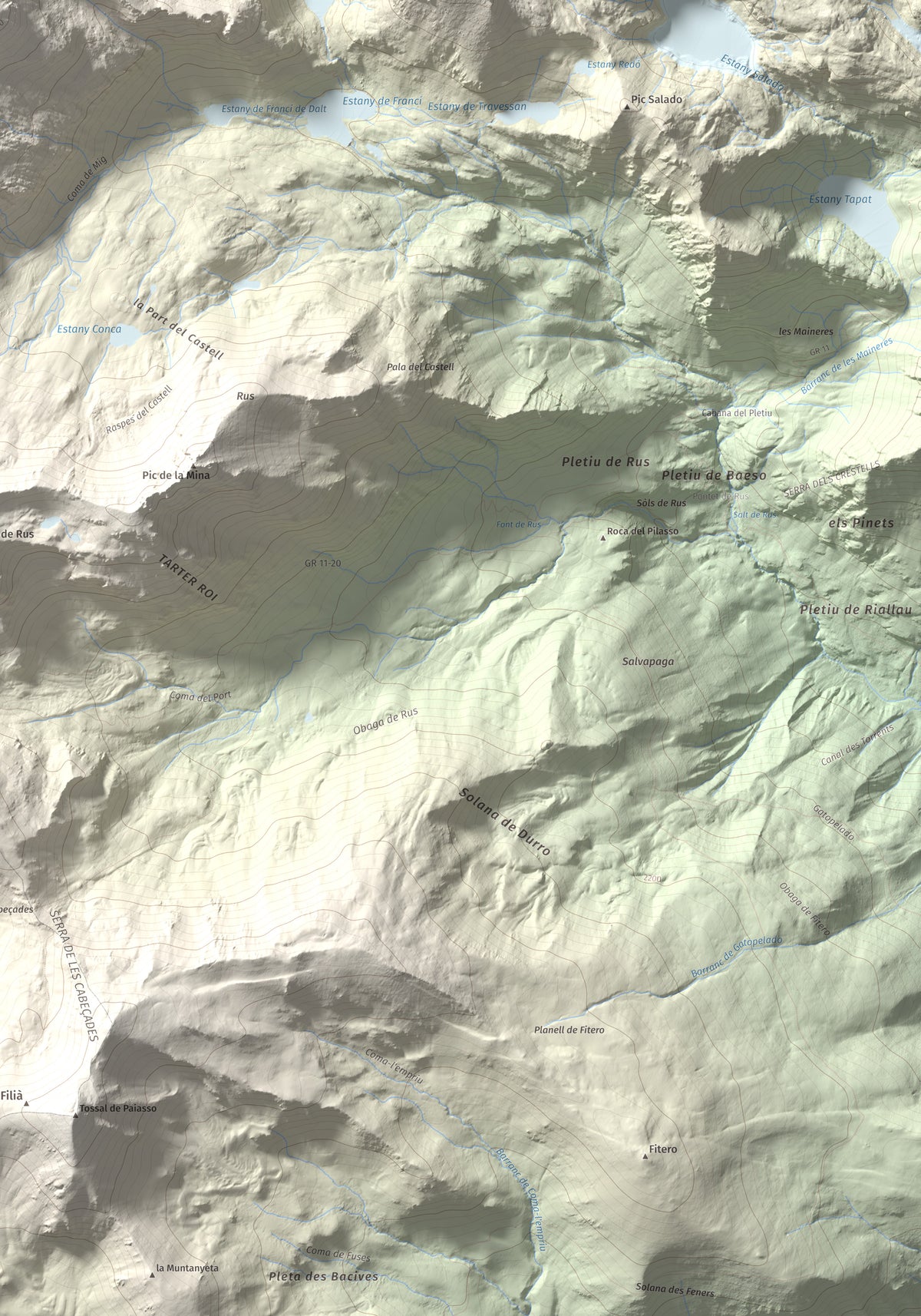 Mapa de relieve de Gran Pic del Pessó, 2894 m, Alta Ribagorça · Pallars Jussà, lámina 100 Cims de Trobart. Detalle de la zona inferior derecha. 70 × 100 cm.