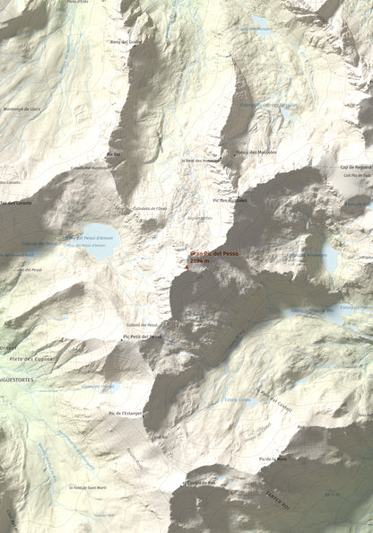 Mapa de relieve de Gran Pic del Pessó, 2894 m, Alta Ribagorça · Pallars Jussà, lámina 100 Cims de Trobart. Detalle de la zona central. 70 × 100 cm.