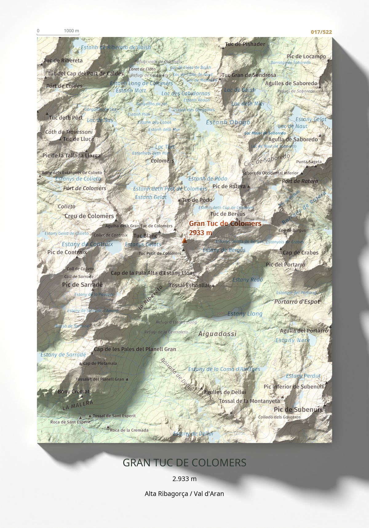 Mapa de relieve de Gran Tuc de Colomers, 2933 m, Alta Ribagorça · Val d'Aran, lámina 100 Cims de Trobart 21 × 30 cm.