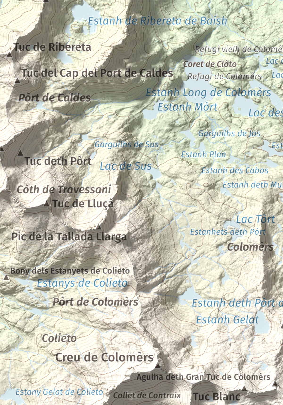 Mapa de relieve de Gran Tuc de Colomers, 2933 m, Alta Ribagorça · Val d'Aran, lámina 100 Cims de Trobart. Detalle de la zona superior izquierda. 21 × 30 cm.
