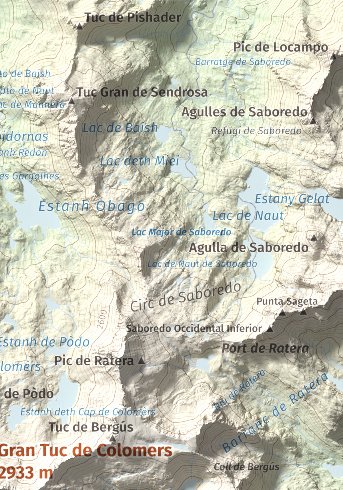 Mapa de relieve de Gran Tuc de Colomers, 2933 m, Alta Ribagorça · Val d'Aran, lámina 100 Cims de Trobart. Detalle de la zona superior derecha. 21 × 30 cm.