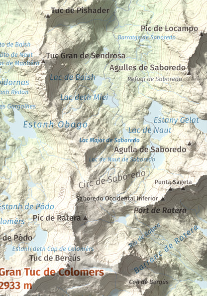 Mapa de relieve de Gran Tuc de Colomers, 2933 m, Alta Ribagorça · Val d'Aran, lámina 100 Cims de Trobart. Detalle de la zona superior derecha. 21 × 30 cm.