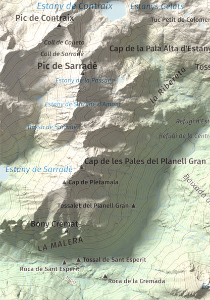 Mapa de relieve de Gran Tuc de Colomers, 2933 m, Alta Ribagorça · Val d'Aran, lámina 100 Cims de Trobart. Detalle de la zona inferior izquierda. 21 × 30 cm.
