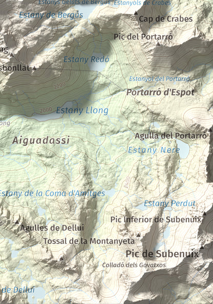 Mapa de relieve de Gran Tuc de Colomers, 2933 m, Alta Ribagorça · Val d'Aran, lámina 100 Cims de Trobart. Detalle de la zona inferior derecha. 21 × 30 cm.