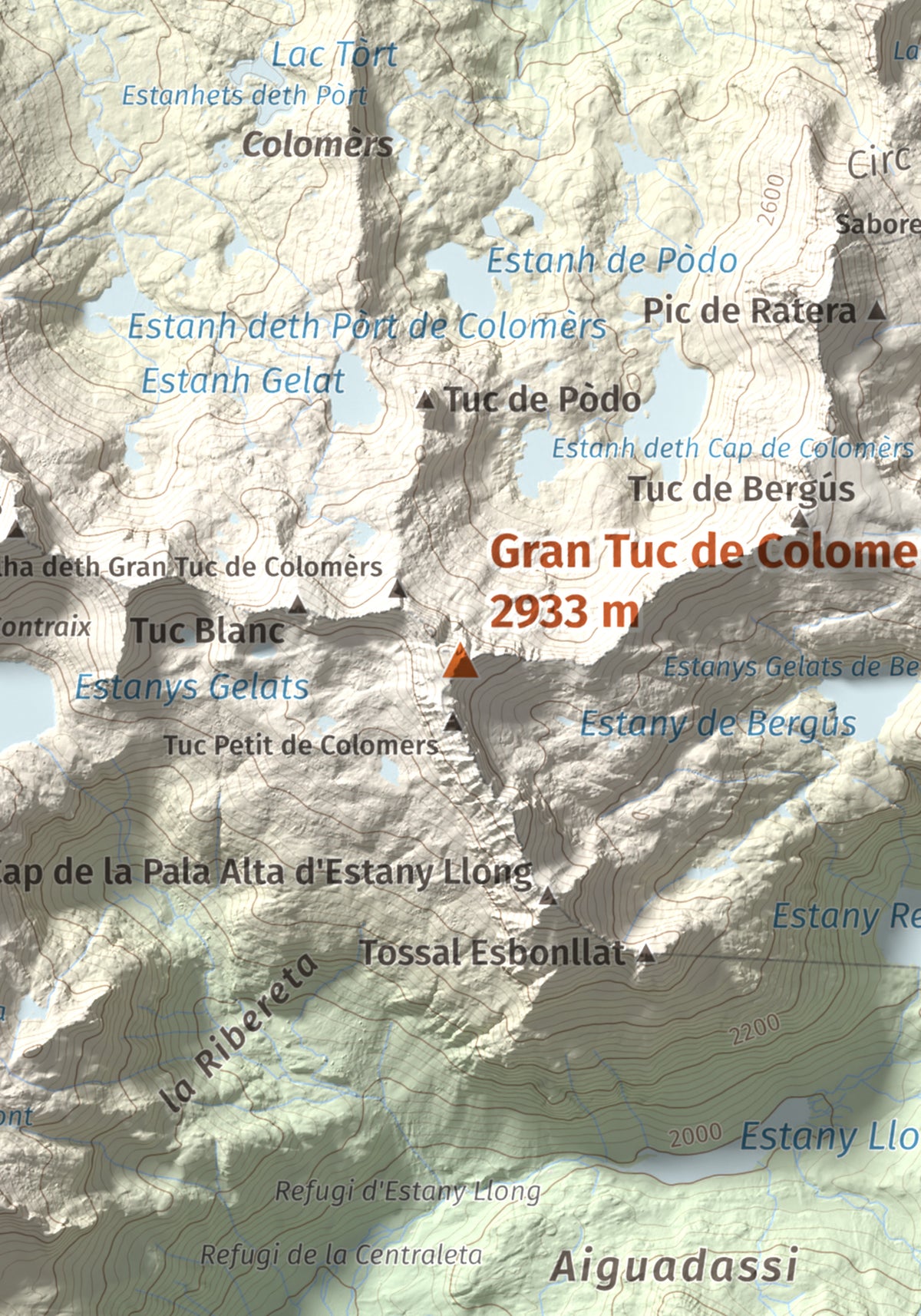 Mapa de relieve de Gran Tuc de Colomers, 2933 m, Alta Ribagorça · Val d'Aran, lámina 100 Cims de Trobart. Detalle de la zona central. 21 × 30 cm.