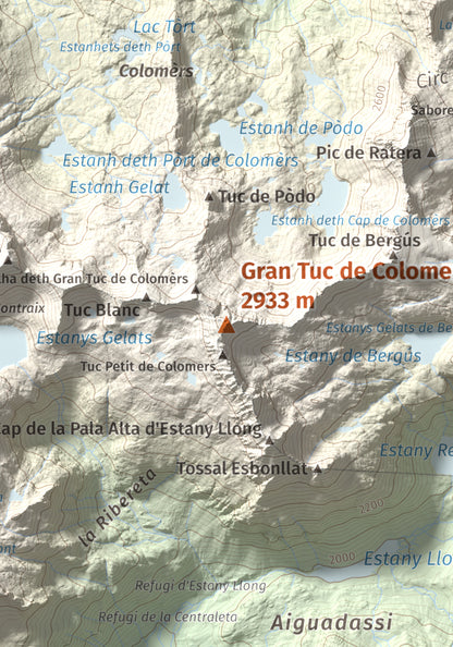 Mapa de relieve de Gran Tuc de Colomers, 2933 m, Alta Ribagorça · Val d'Aran, lámina 100 Cims de Trobart. Detalle de la zona central. 21 × 30 cm.