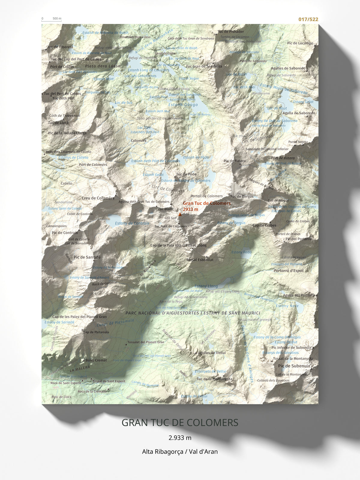 Mapa de relieve de Gran Tuc de Colomers, 2933 m, Alta Ribagorça · Val d'Aran, lámina 100 Cims de Trobart 30 × 40 cm.