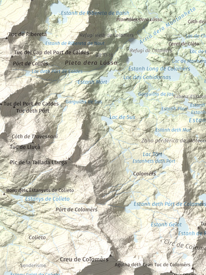 Mapa de relieve de Gran Tuc de Colomers, 2933 m, Alta Ribagorça · Val d'Aran, lámina 100 Cims de Trobart. Detalle de la zona superior izquierda. 30 × 40 cm.