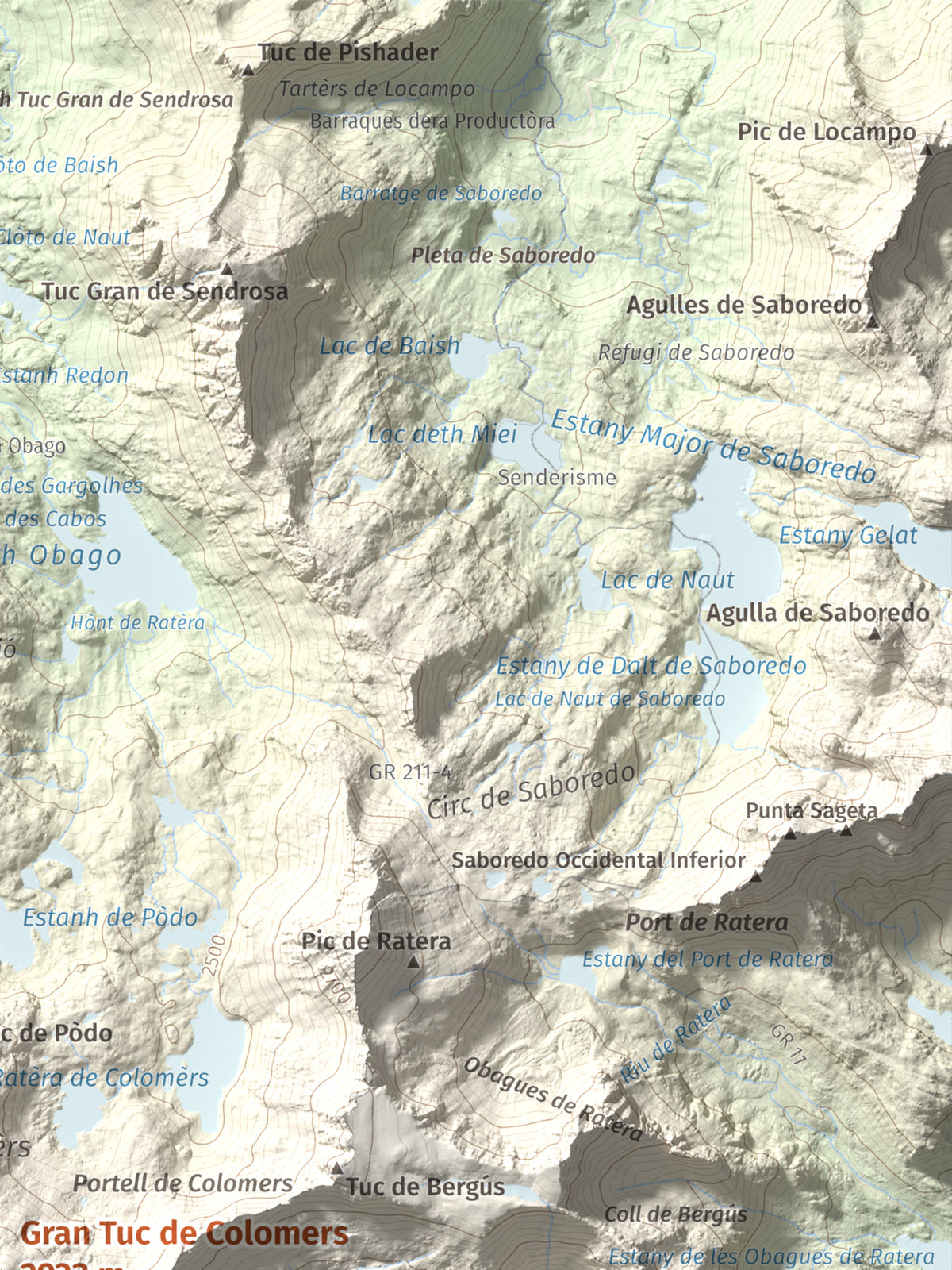 Mapa de relieve de Gran Tuc de Colomers, 2933 m, Alta Ribagorça · Val d'Aran, lámina 100 Cims de Trobart. Detalle de la zona superior derecha. 30 × 40 cm.