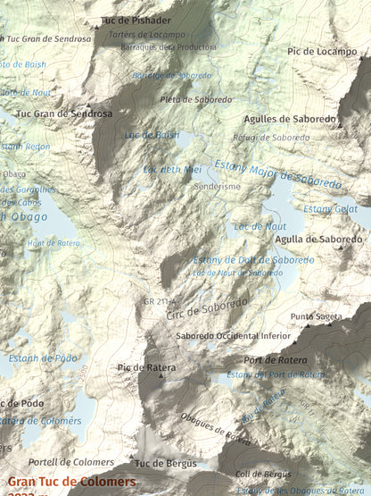 Mapa de relieve de Gran Tuc de Colomers, 2933 m, Alta Ribagorça · Val d'Aran, lámina 100 Cims de Trobart. Detalle de la zona superior derecha. 30 × 40 cm.