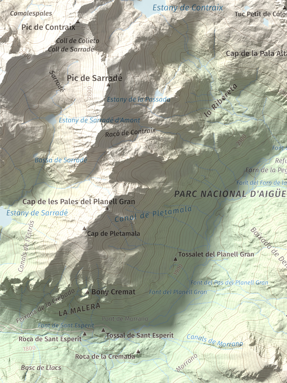 Mapa de relieve de Gran Tuc de Colomers, 2933 m, Alta Ribagorça · Val d'Aran, lámina 100 Cims de Trobart. Detalle de la zona inferior izquierda. 30 × 40 cm.