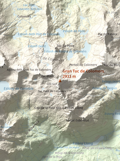 Mapa de relieve de Gran Tuc de Colomers, 2933 m, Alta Ribagorça · Val d'Aran, lámina 100 Cims de Trobart. Detalle de la zona central. 30 × 40 cm.