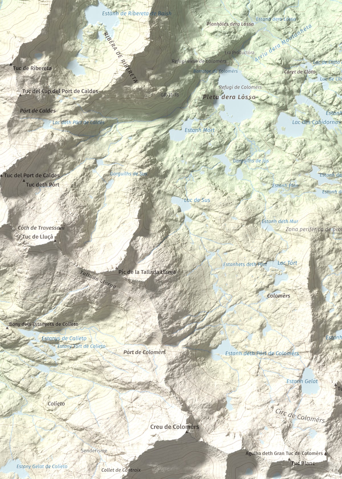 Mapa de relieve de Gran Tuc de Colomers, 2933 m, Alta Ribagorça · Val d'Aran, lámina 100 Cims de Trobart. Detalle de la zona superior izquierda. 50 × 70 cm.