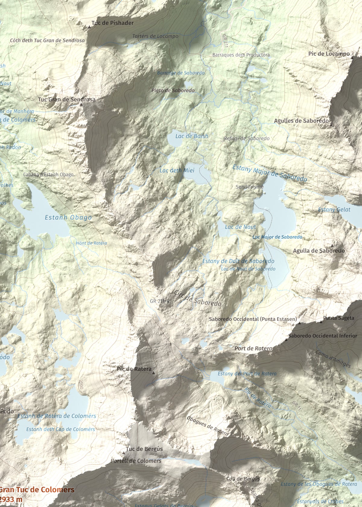Mapa de relieve de Gran Tuc de Colomers, 2933 m, Alta Ribagorça · Val d'Aran, lámina 100 Cims de Trobart. Detalle de la zona superior derecha. 50 × 70 cm.