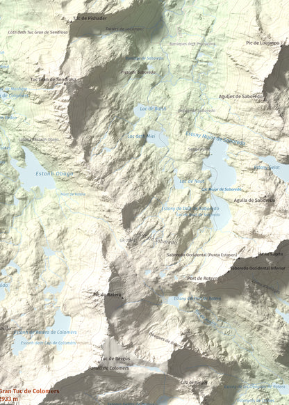 Mapa de relieve de Gran Tuc de Colomers, 2933 m, Alta Ribagorça · Val d'Aran, lámina 100 Cims de Trobart. Detalle de la zona superior derecha. 50 × 70 cm.