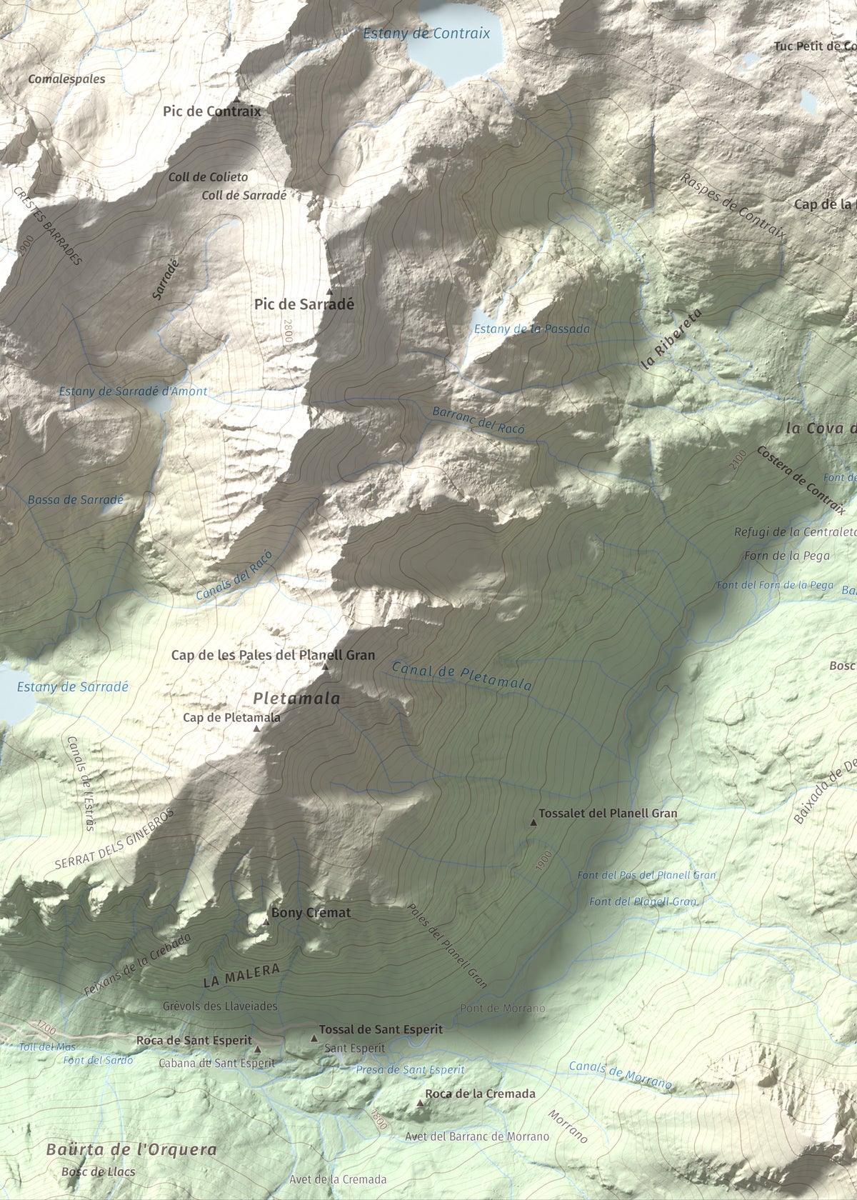 Mapa de relieve de Gran Tuc de Colomers, 2933 m, Alta Ribagorça · Val d'Aran, lámina 100 Cims de Trobart. Detalle de la zona inferior izquierda. 50 × 70 cm.